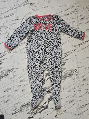 Leopard Print Footed Pajamas with LOVE Accent - White/Pink